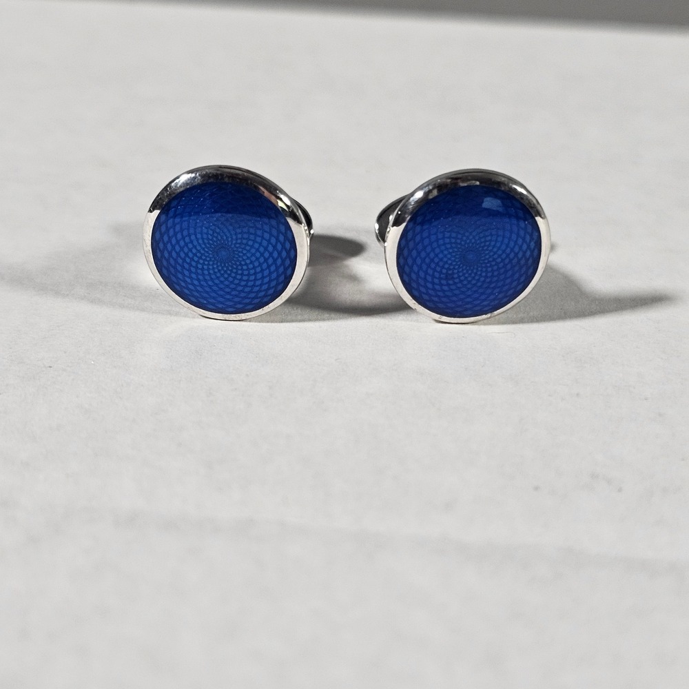 Jan Leslie Cufflinks Mens OS Blue Sterling Silver Guilloche Enamel Round Spiral